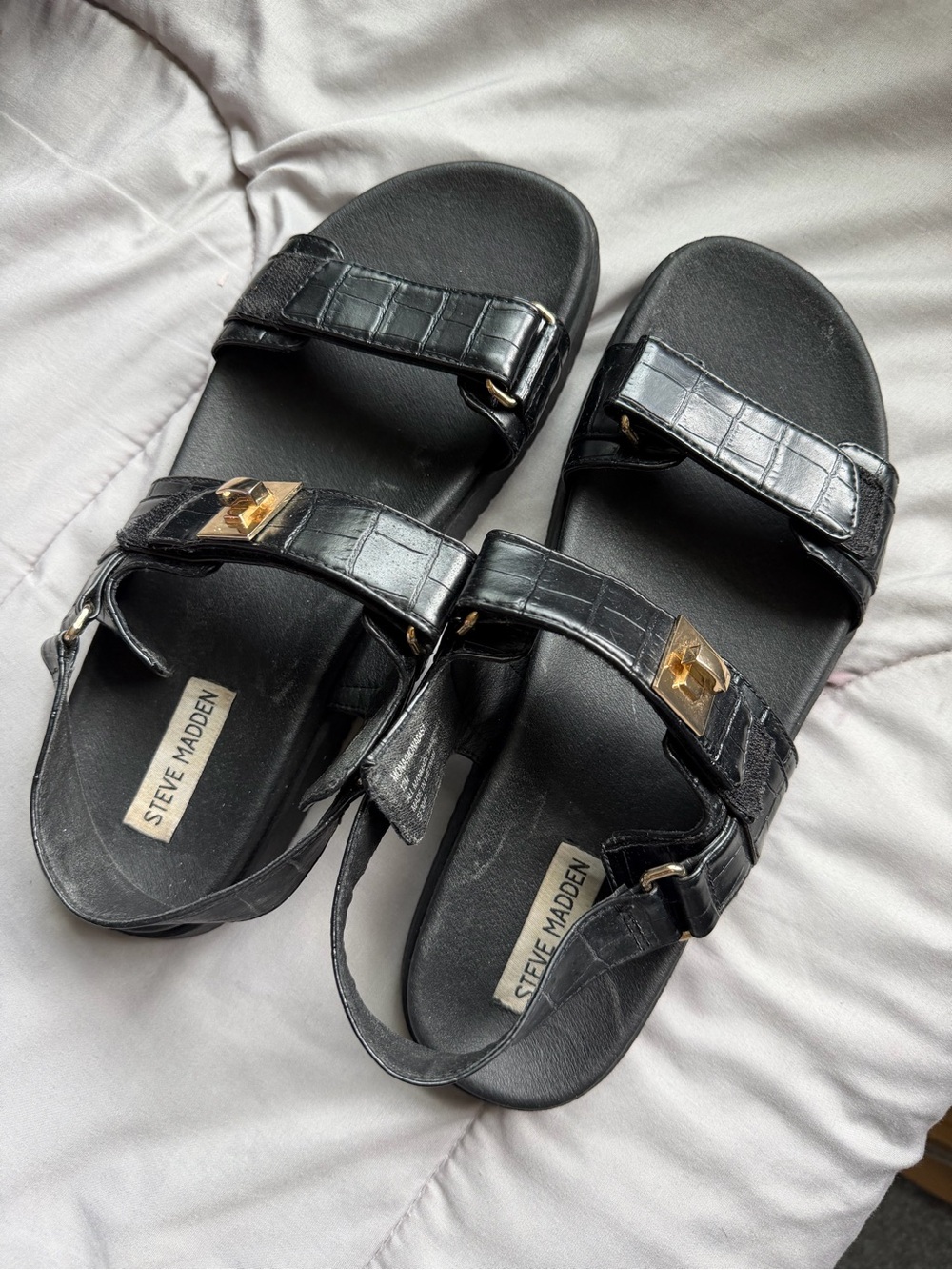 Steve Madden Black Croc-Embossed Sandals with Gold Hardware